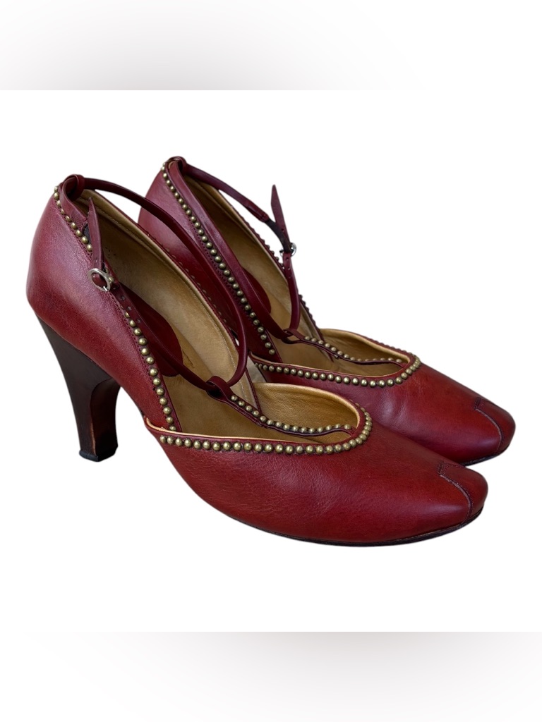 Calleen Cordero Rust Gold Studded Leather Mary Jane Heels